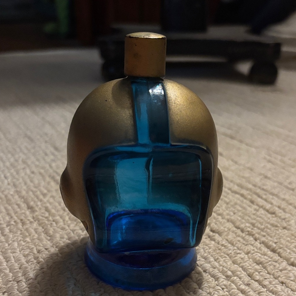Blue Glass Helmet Shaped Bottle with Gold Top